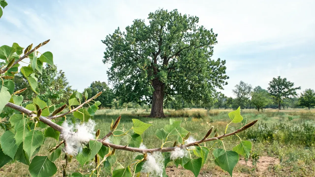 cottonwood identification view showing the full tree with toothed leaves, pointed buds, and seed fibers