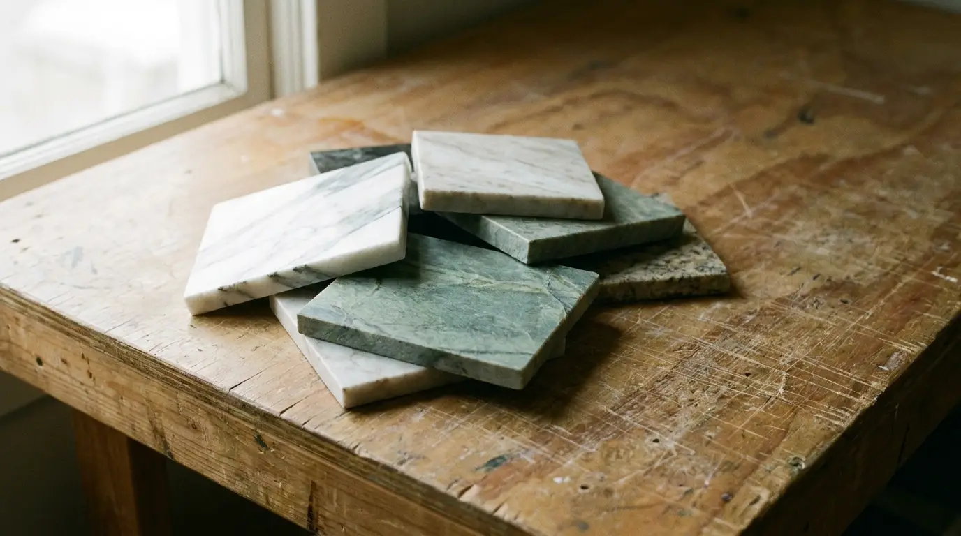 Marble and stone tile samples stacked on rustic wooden table in natural light