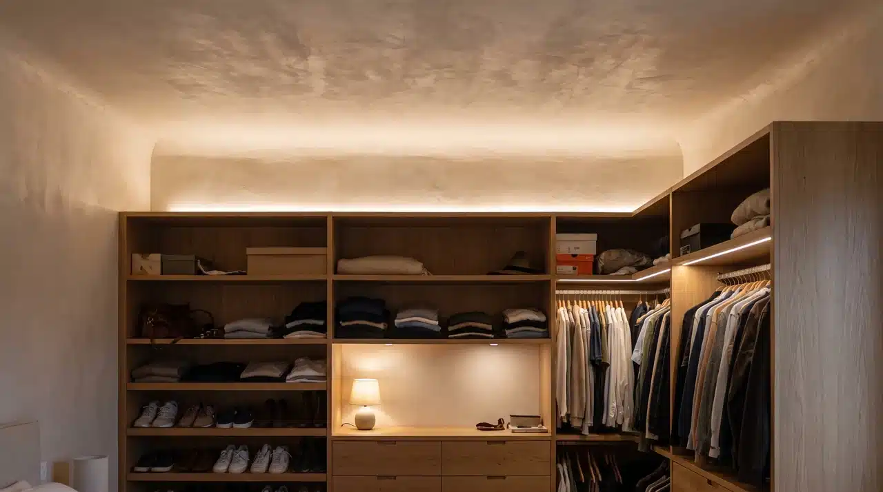 cove lighting above wooden closet cabinets casting soft light across the ceiling