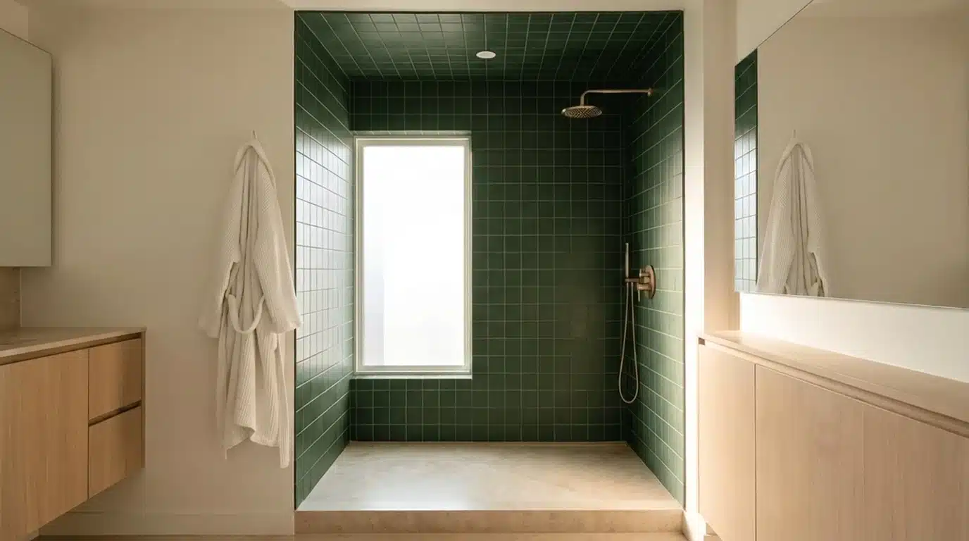 doorless shower covered in deep green tile with brass fixtures