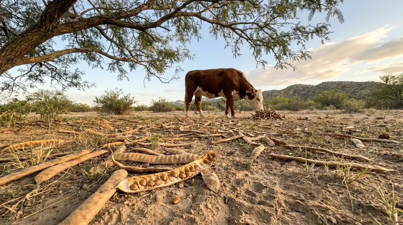 cow eating fallen mesquite pods beneath a tree with split pods and seeds across dry rangeland