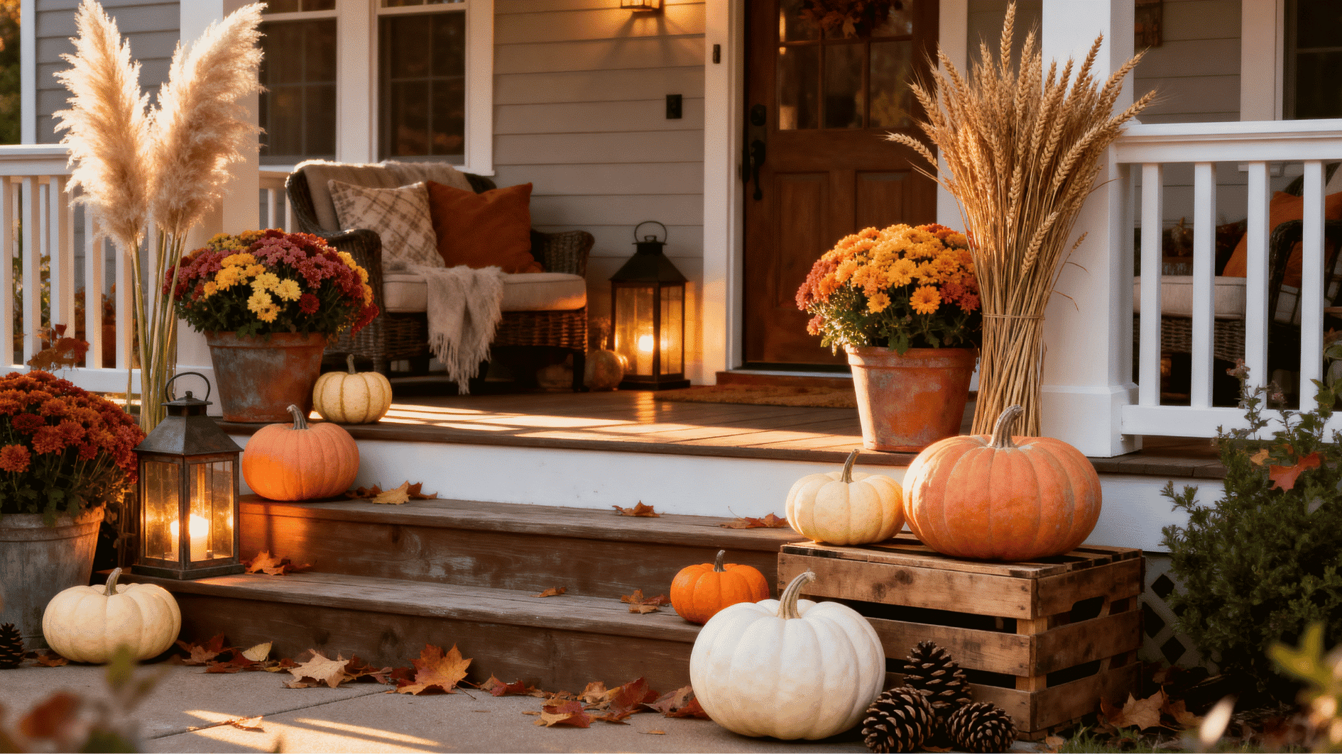 cozy autumn front porch with pumpkins, mums, lanterns, pampas grass, and warm farmhouse decor in golden light.