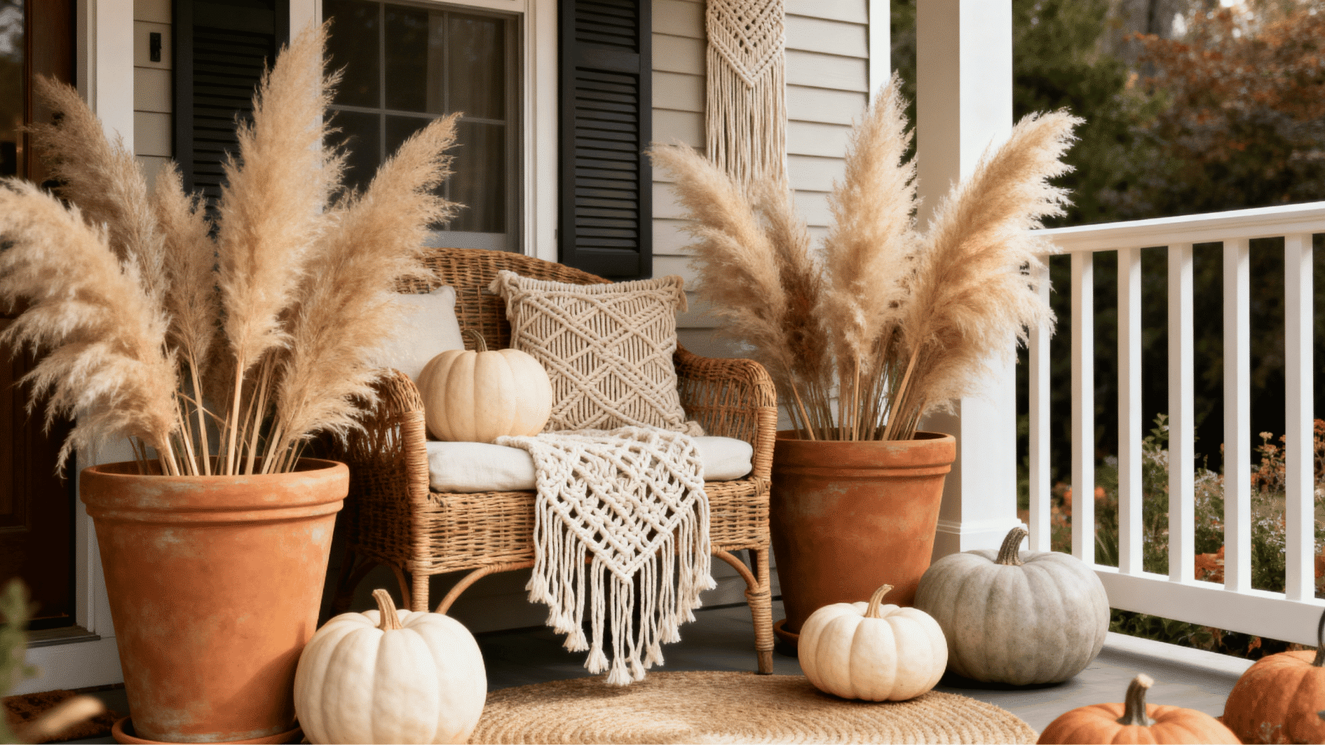 cozy boho porch with pampas grass planters, pumpkins, wicker chair, and macrame decor in soft fall tones. (2)