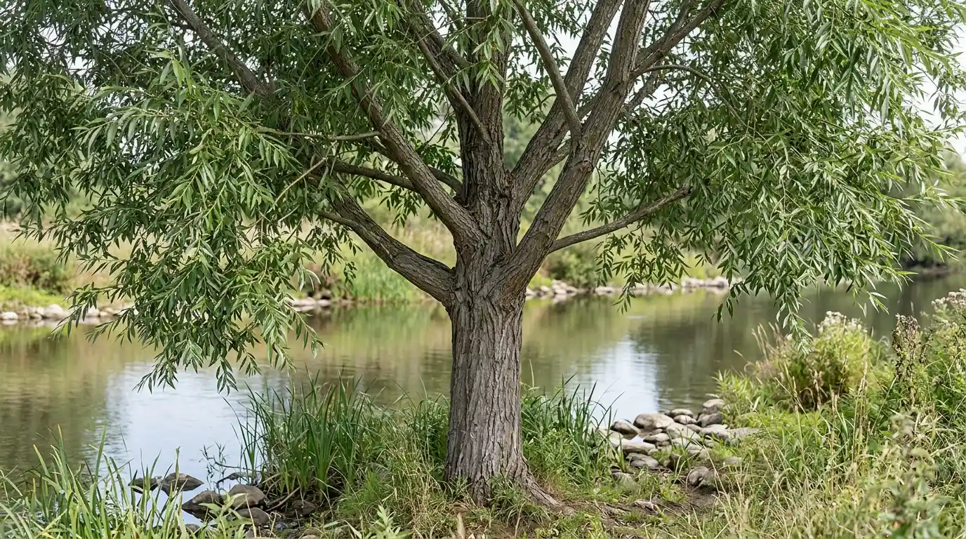 crack willow beside a river with a thick ridged trunk narrow leaves and a freshly broken branch