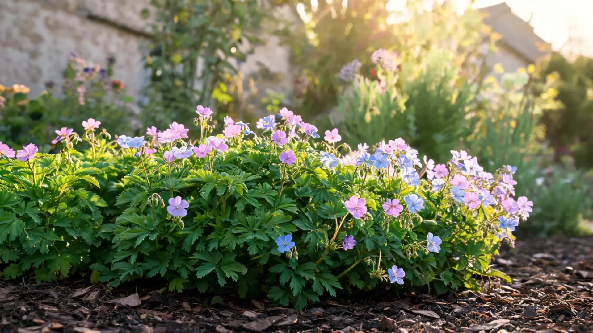 cranesbill geranium with soft purple flowers and deeply lobed green foliage in a garden border