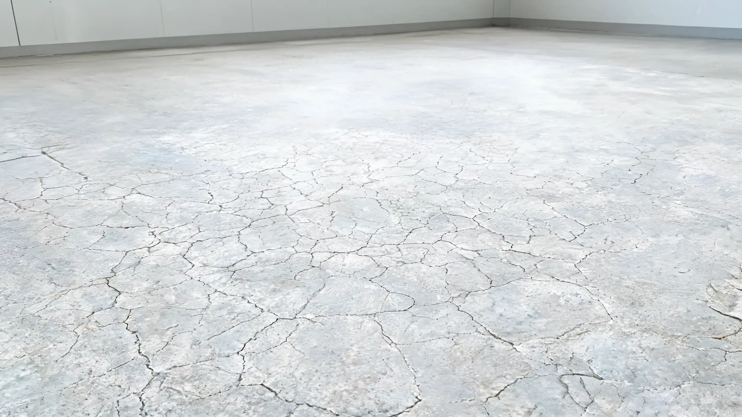 fine web of shallow crazing lines across a close angled section of a concrete garage floor