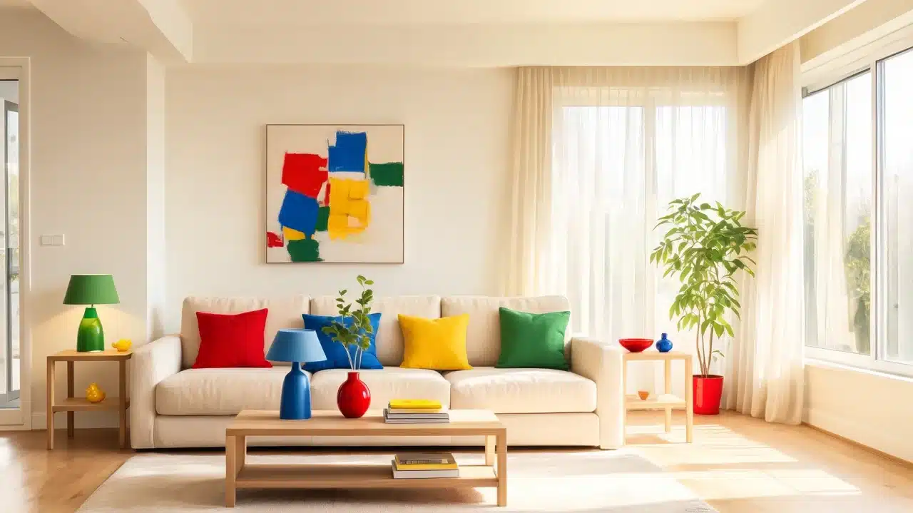 cream base with bright primary accents in a cheerful eclectic living room
