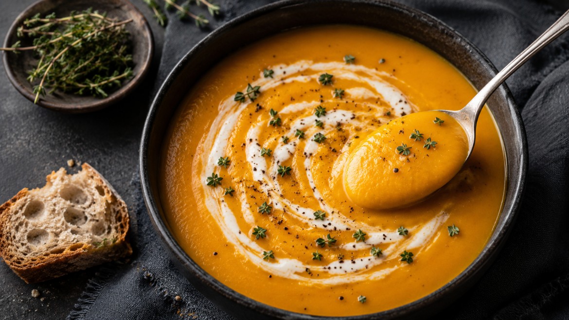winter vegetables creamy butternut squash soup with cream swirl thyme pepper and rustic bread on the side