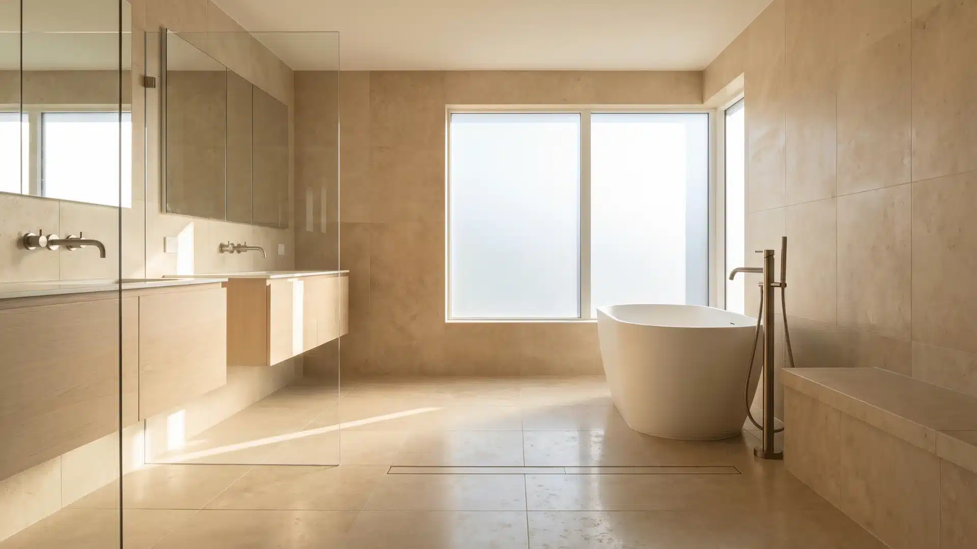open wet room with freestanding tub, glass panel, and linear floor drain
