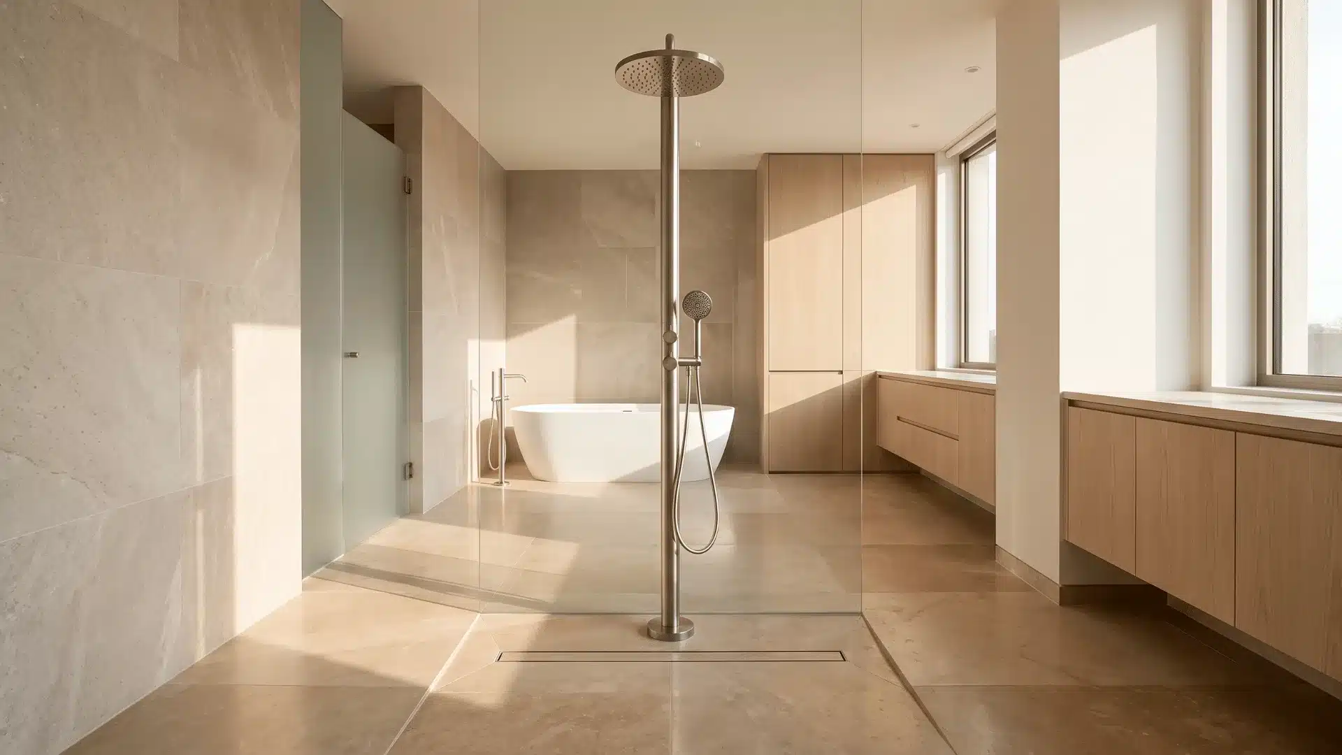 freestanding shower column in open wet room with tub and linear drain