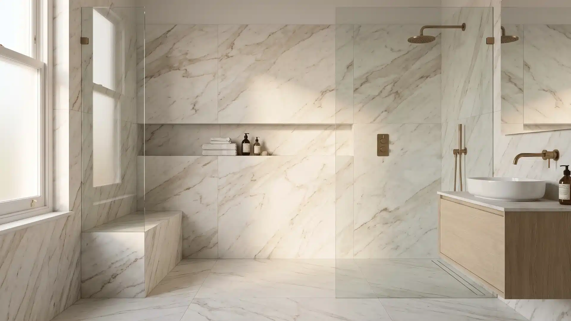 marble-look doorless shower with bench, niche, and brass fixtures