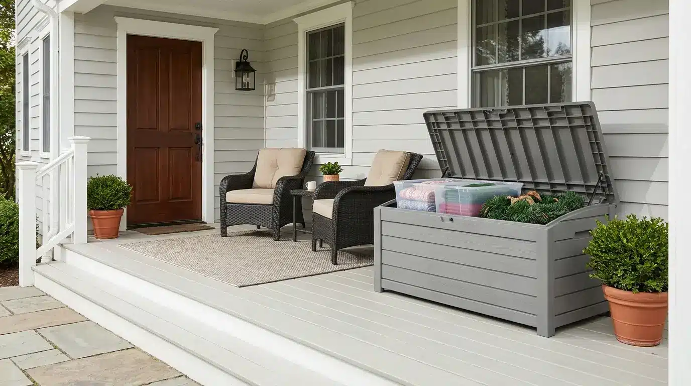 outdoor storage bench holding cushion covers greenery and seasonal porch decor