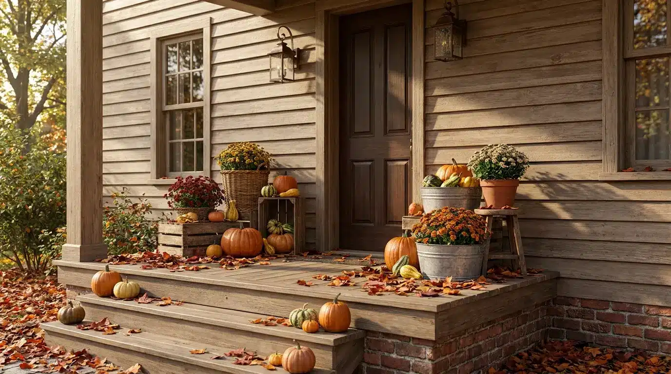 fall porch steps with mums pumpkins crates metal tubs and scattered leaves