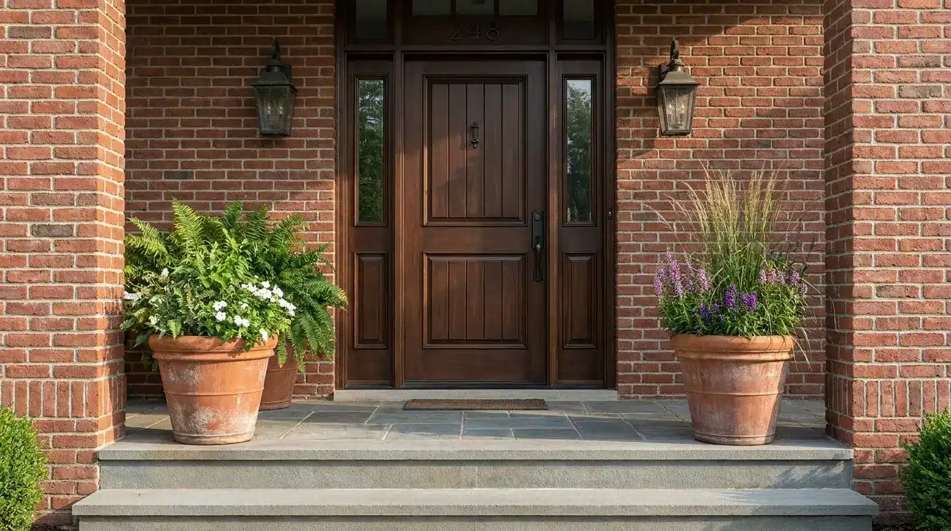 create balance around the entry with matching lanterns terracotta planters and a centered wood door