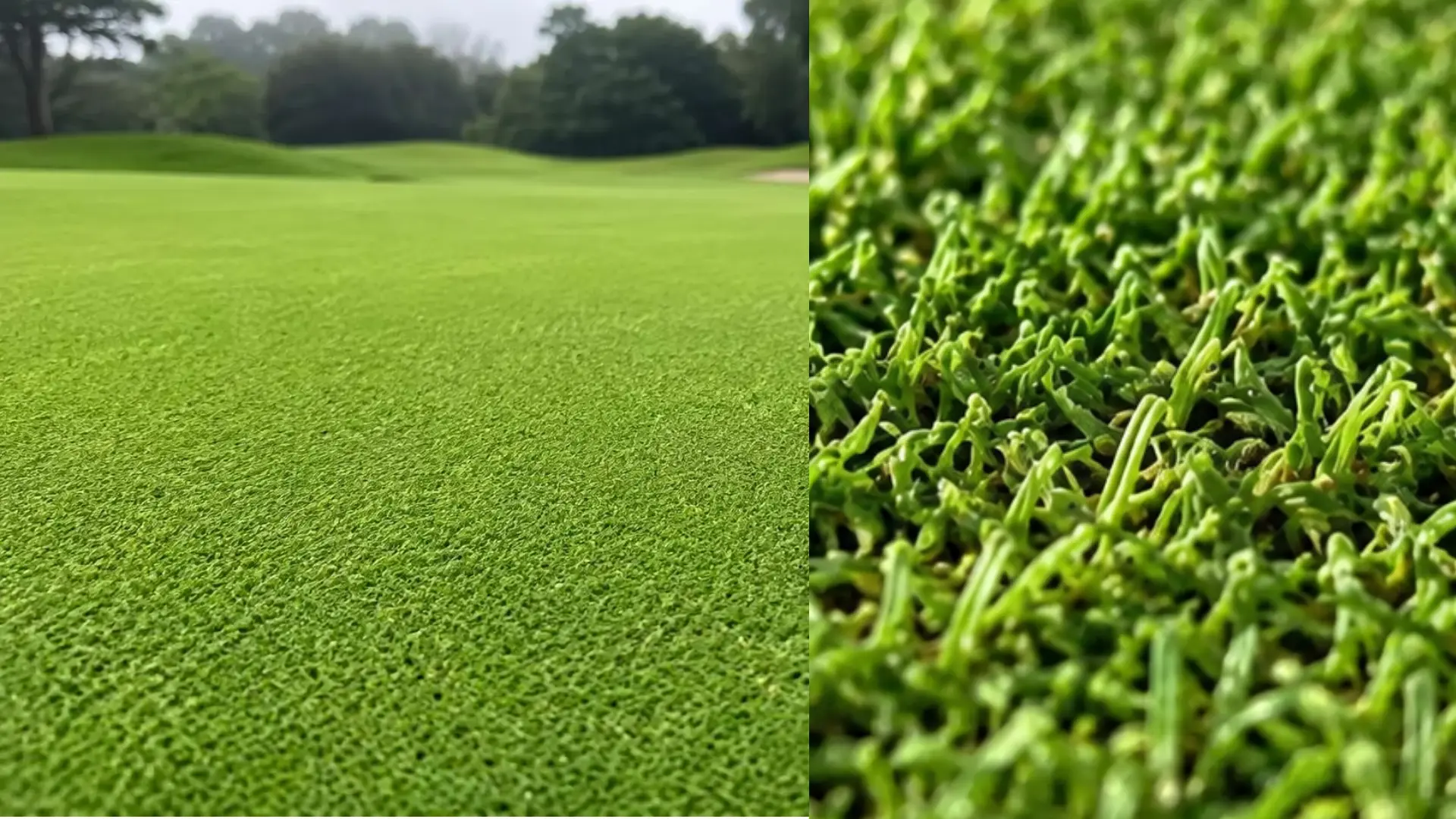 side by side views of a creeping bentgrass lawn and close up showing dense fine bright green blades