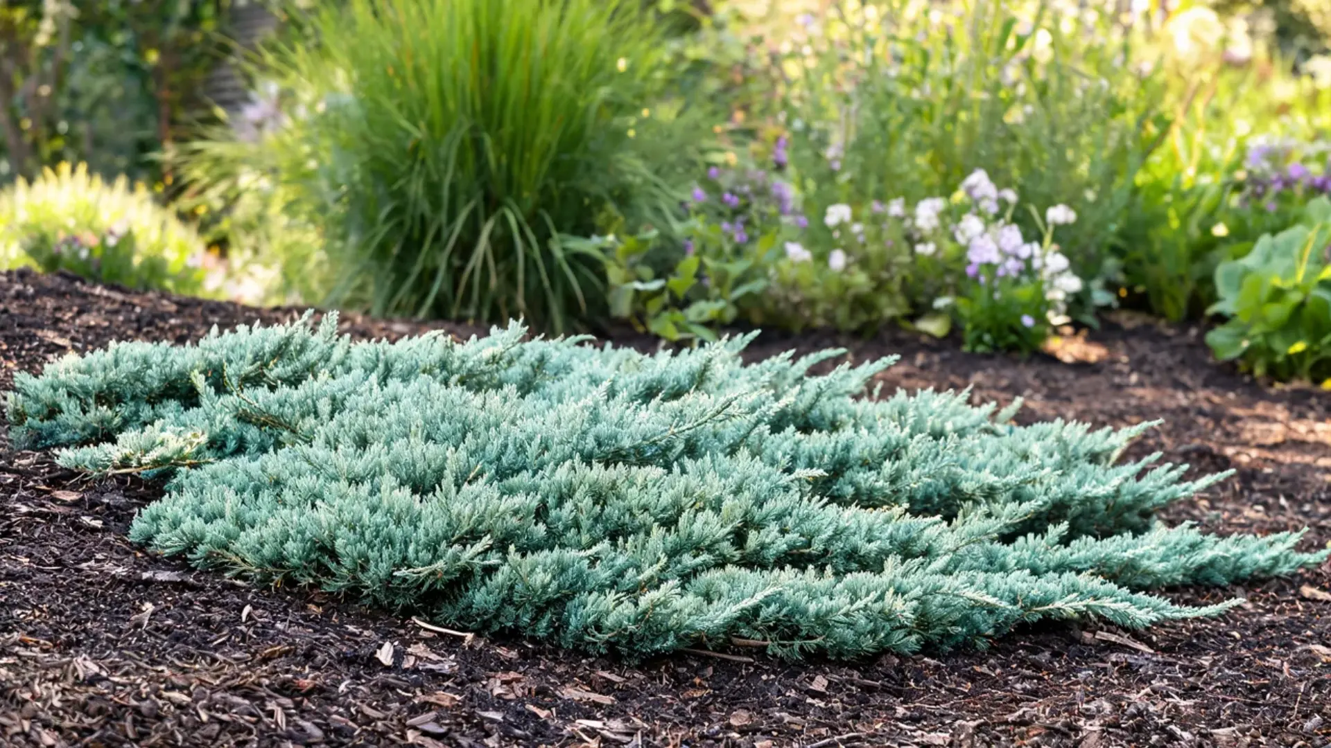 creeping juniper forming a low spreading evergreen mat of blue green needles over a sloped bank