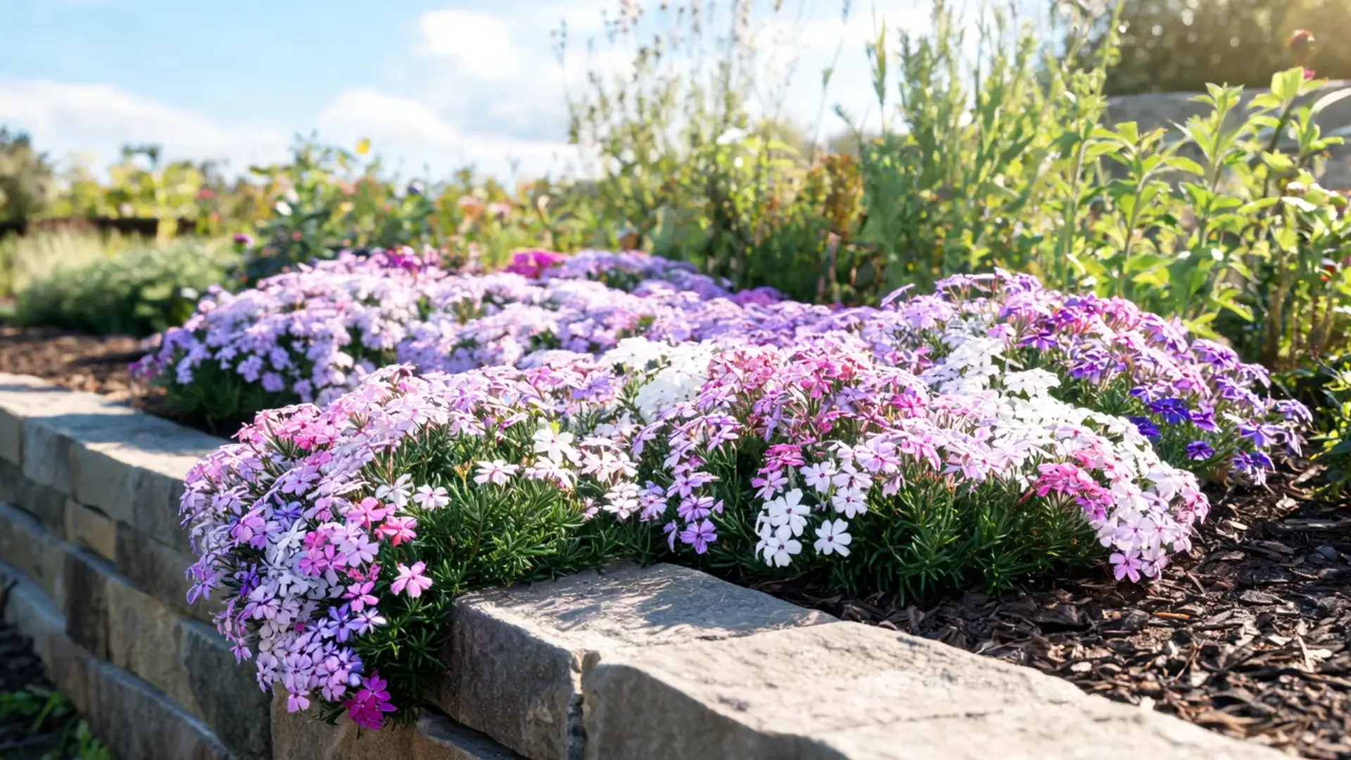 creeping phlox spilling over a stone wall in a dense low carpet of pink and purple spring flowers