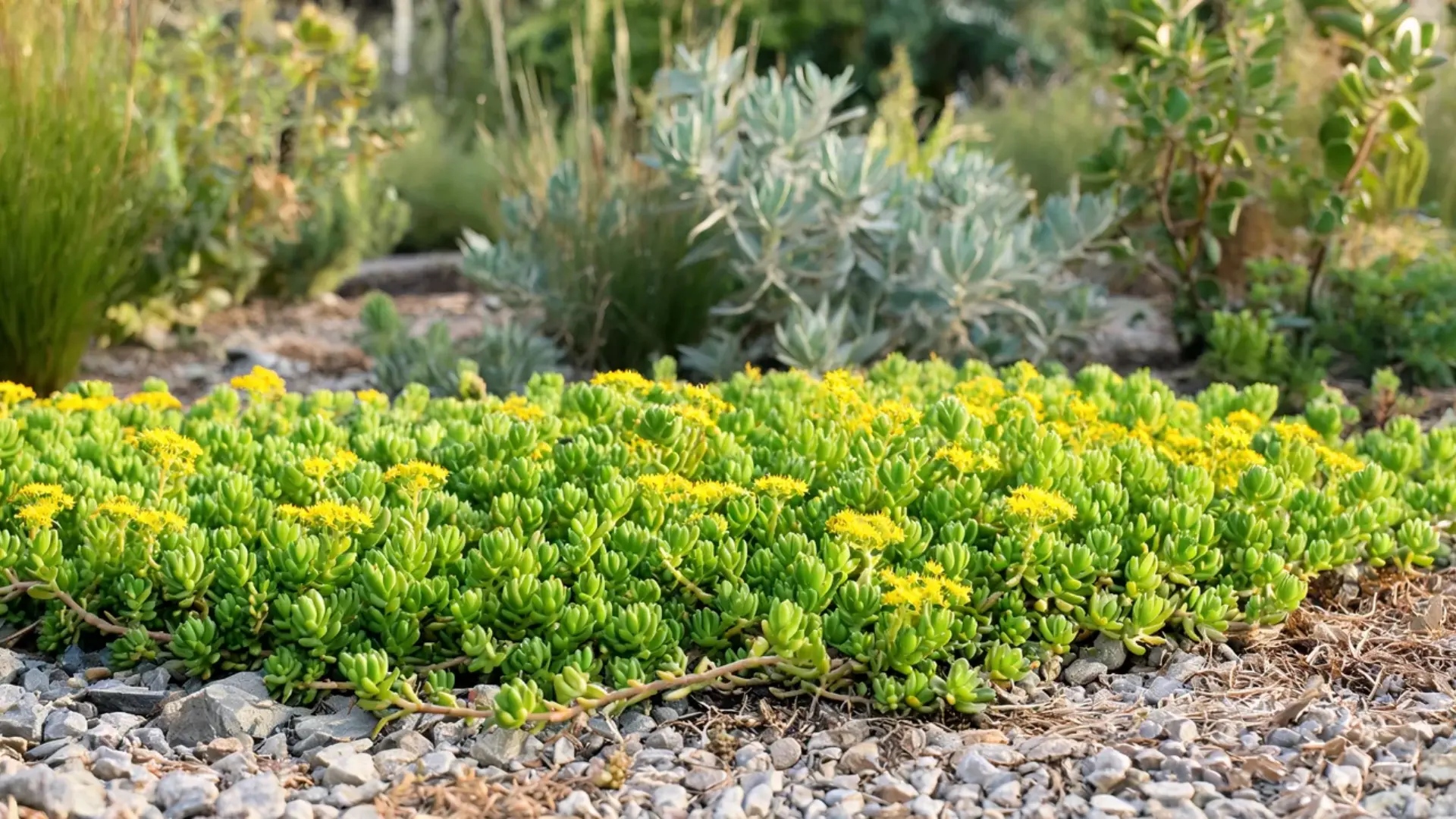 creeping sedum ground cover with fleshy succulent foliage and clusters of small star shaped flowers
