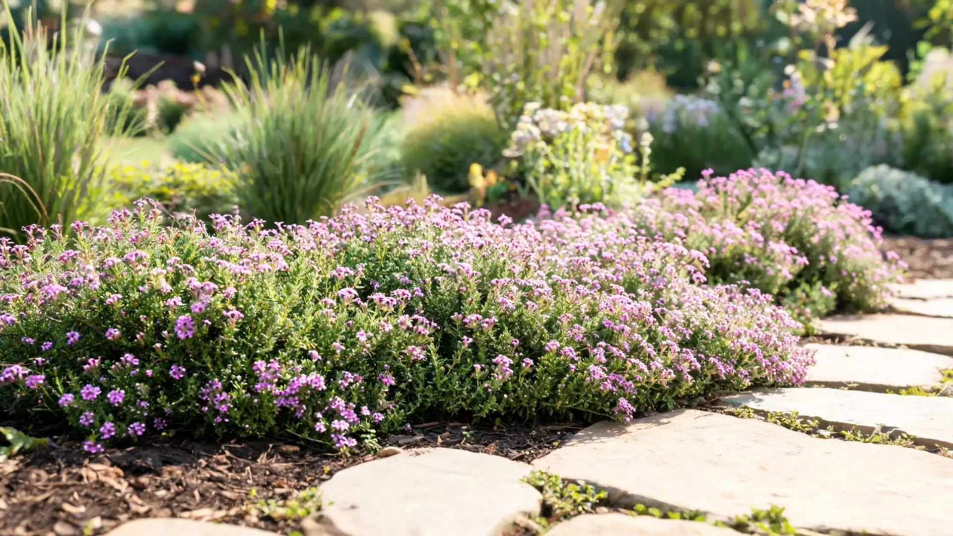 creeping thyme forming a low fragrant carpet of tiny purple flowers between garden stepping stones