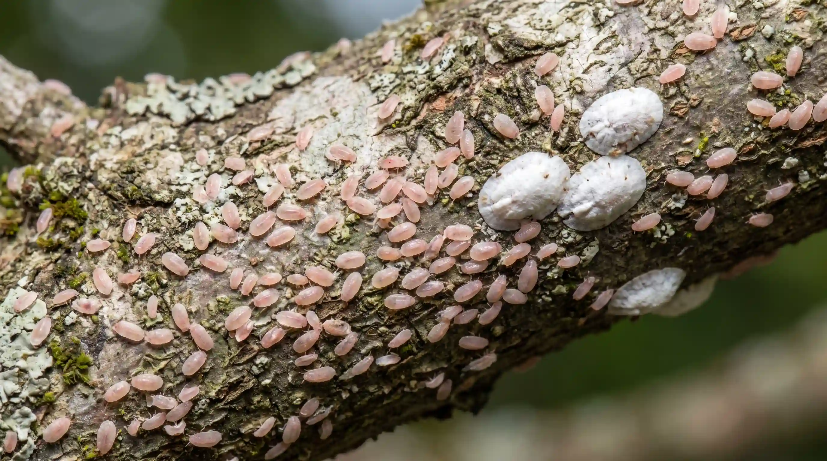 pink bark scale crawlers and white adult scales clustered across the surface of a crepe myrtle branch