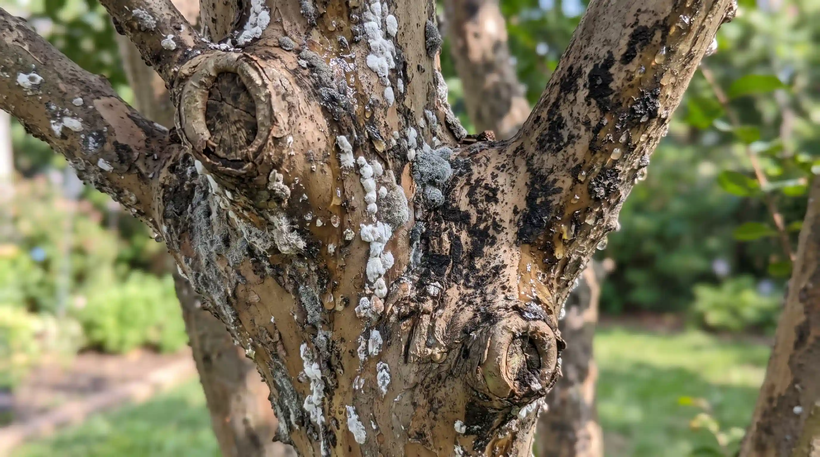 white bark scale, sticky honeydew, and black sooty mold covering a mature crepe myrtle trunk