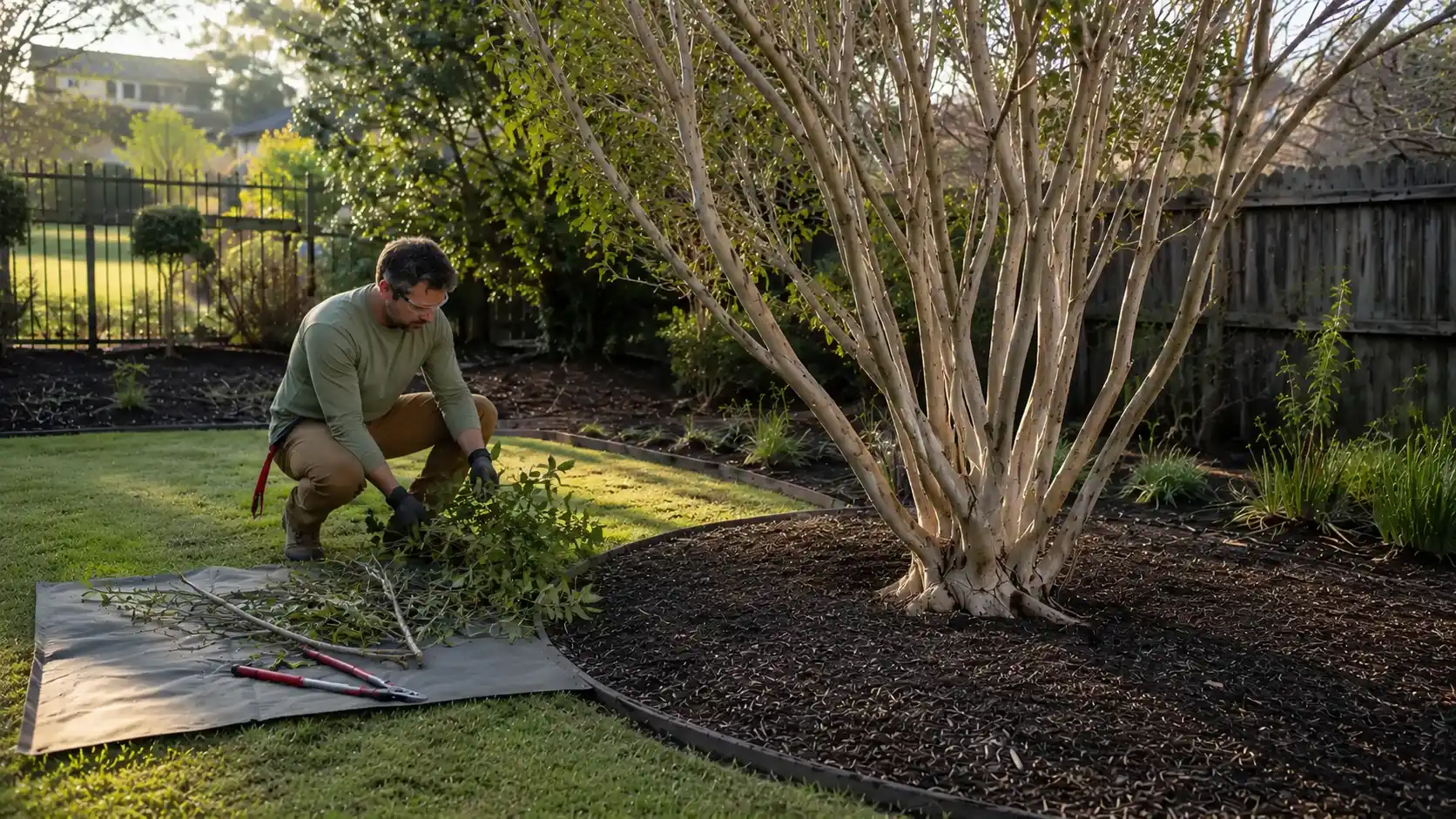 gardener gathering freshly cut crepe myrtle branches beside a thinned tree in a backyard garden