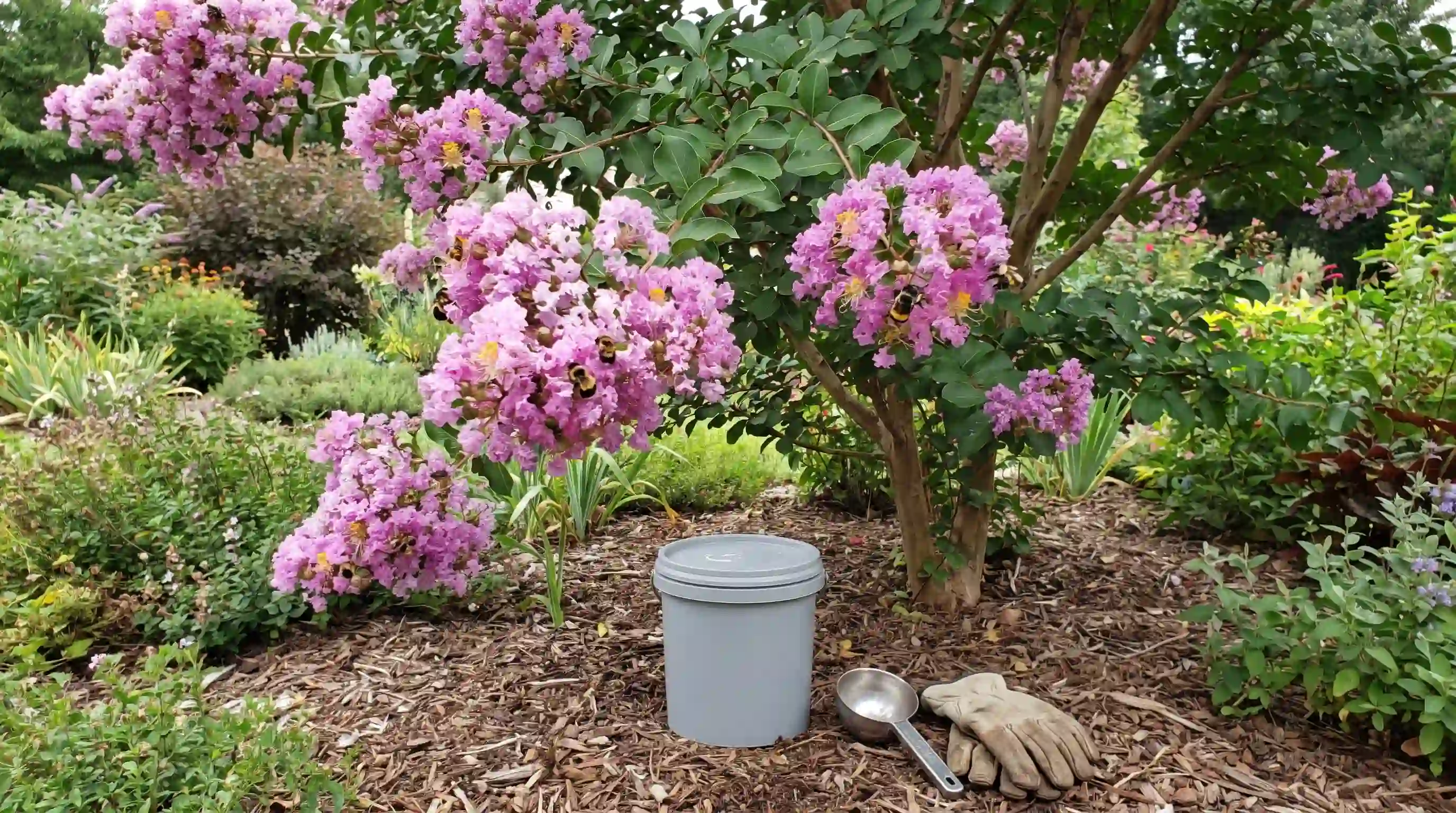 flowering crepe myrtle with treatment tools placed nearby to support careful pollinator-safe care