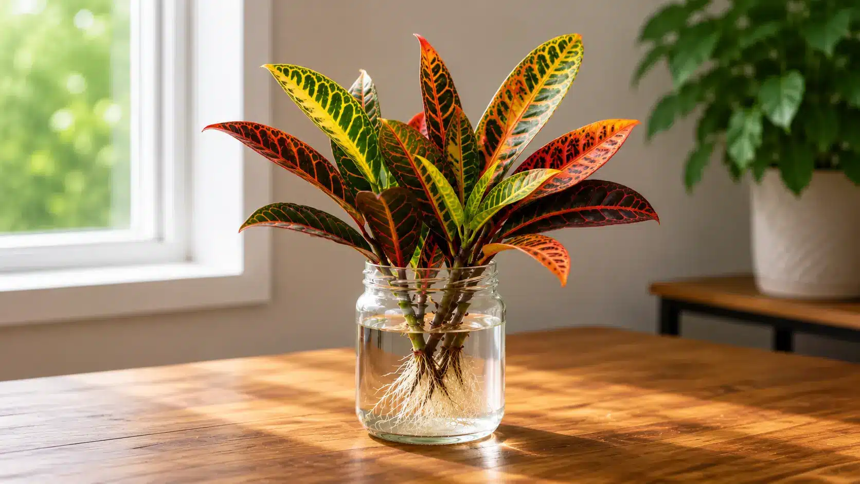 croton cuttings with colorful leaves and visible roots growing in a glass jar of water by a sunny window