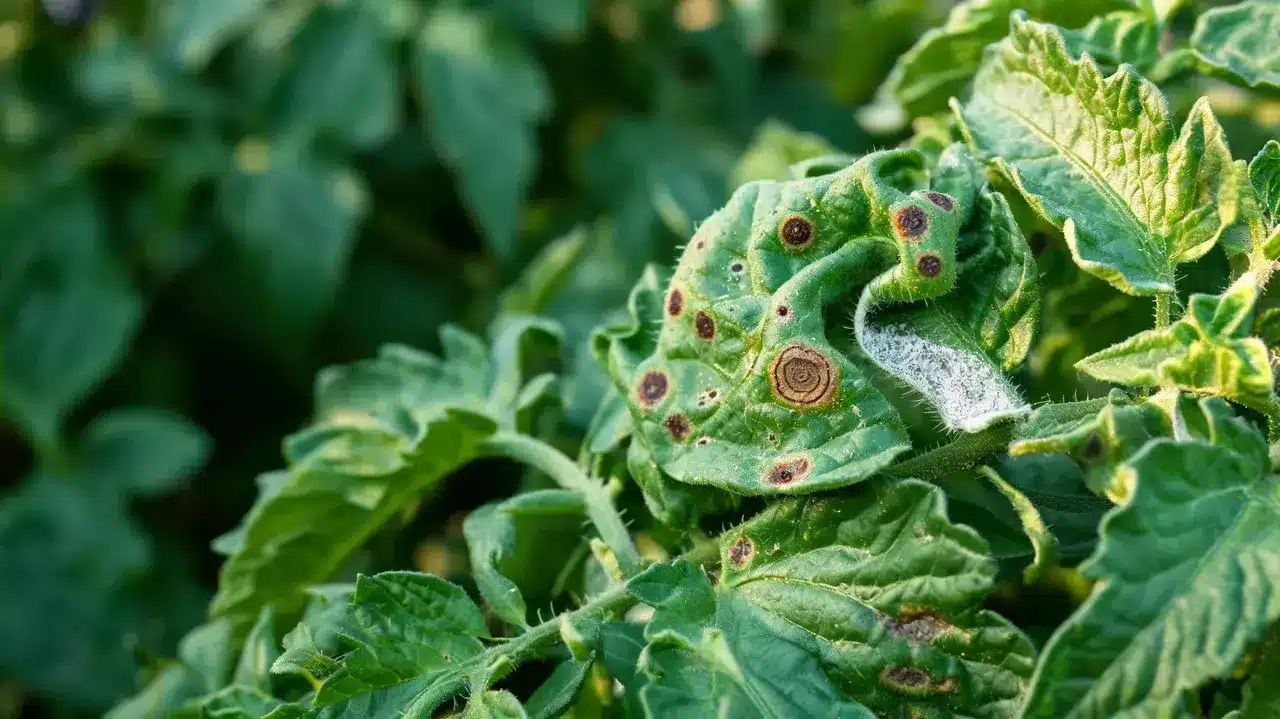 curled tomato leaves with brown spots lesions and white fungal coating caused by bacterial or fungal problems