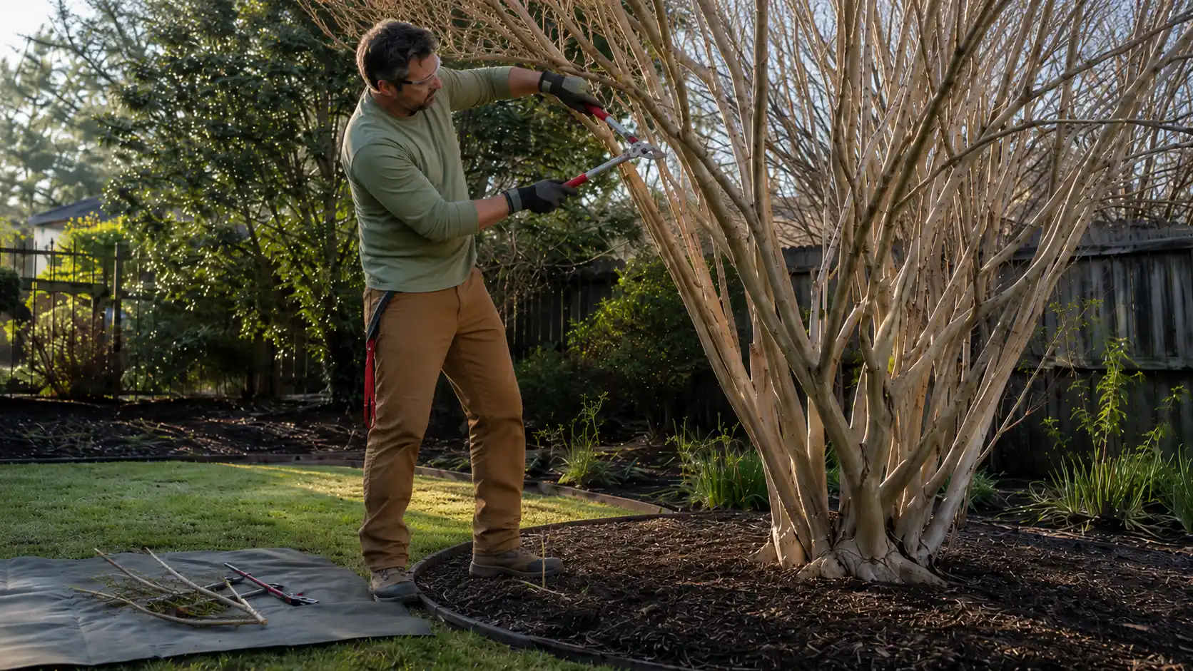 gardener removes dead and crossing crepe myrtle branches with loppers in a sunny backyard