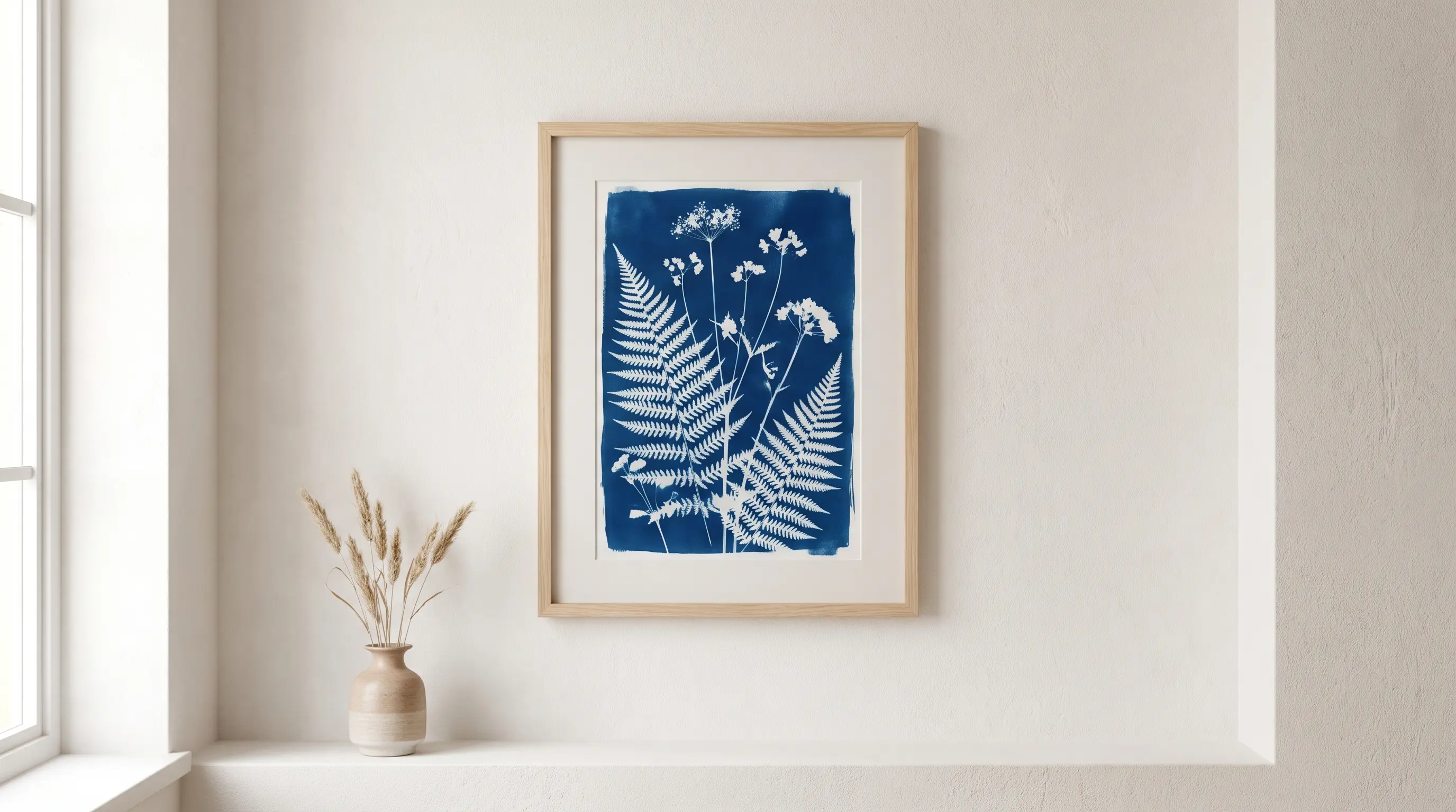 a sun exposed cyanotype print showing natural leaf shapes captured in a deep prussian blue tone