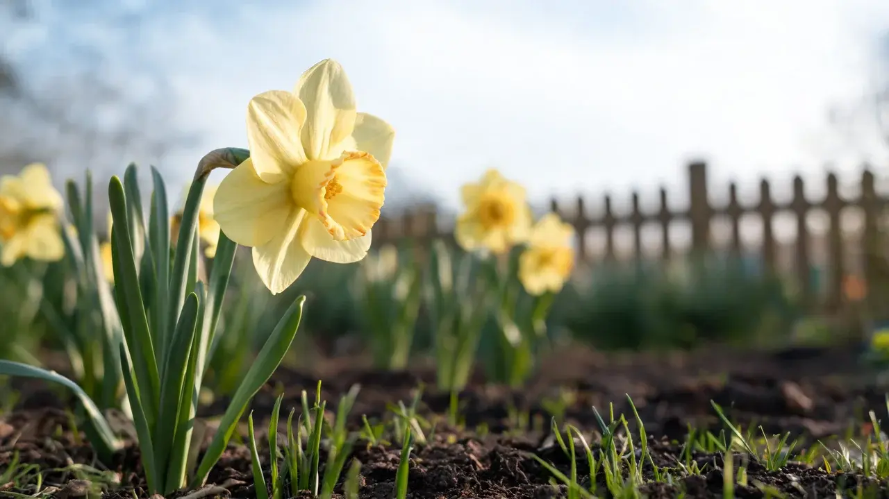 yellow daffodil flowers with trumpet-shaped centers and slender green leaves growing in a spring garden