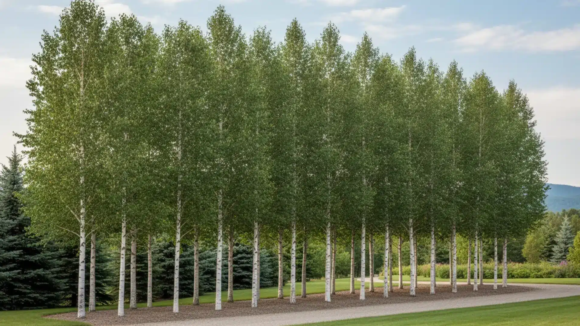 rows of narrow dakota pinnacle birches with white trunks and upright green crowns line a roadside landscape