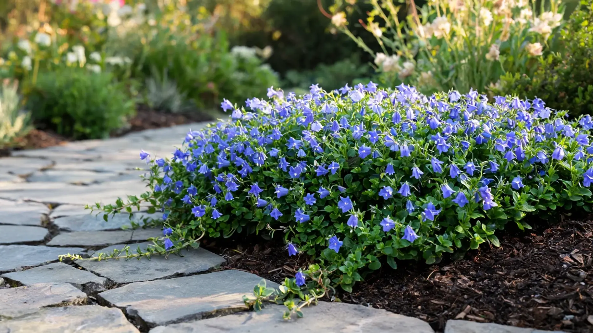 dalmatian bellflower spreading over rocks with clusters of small purple bell shaped blooms