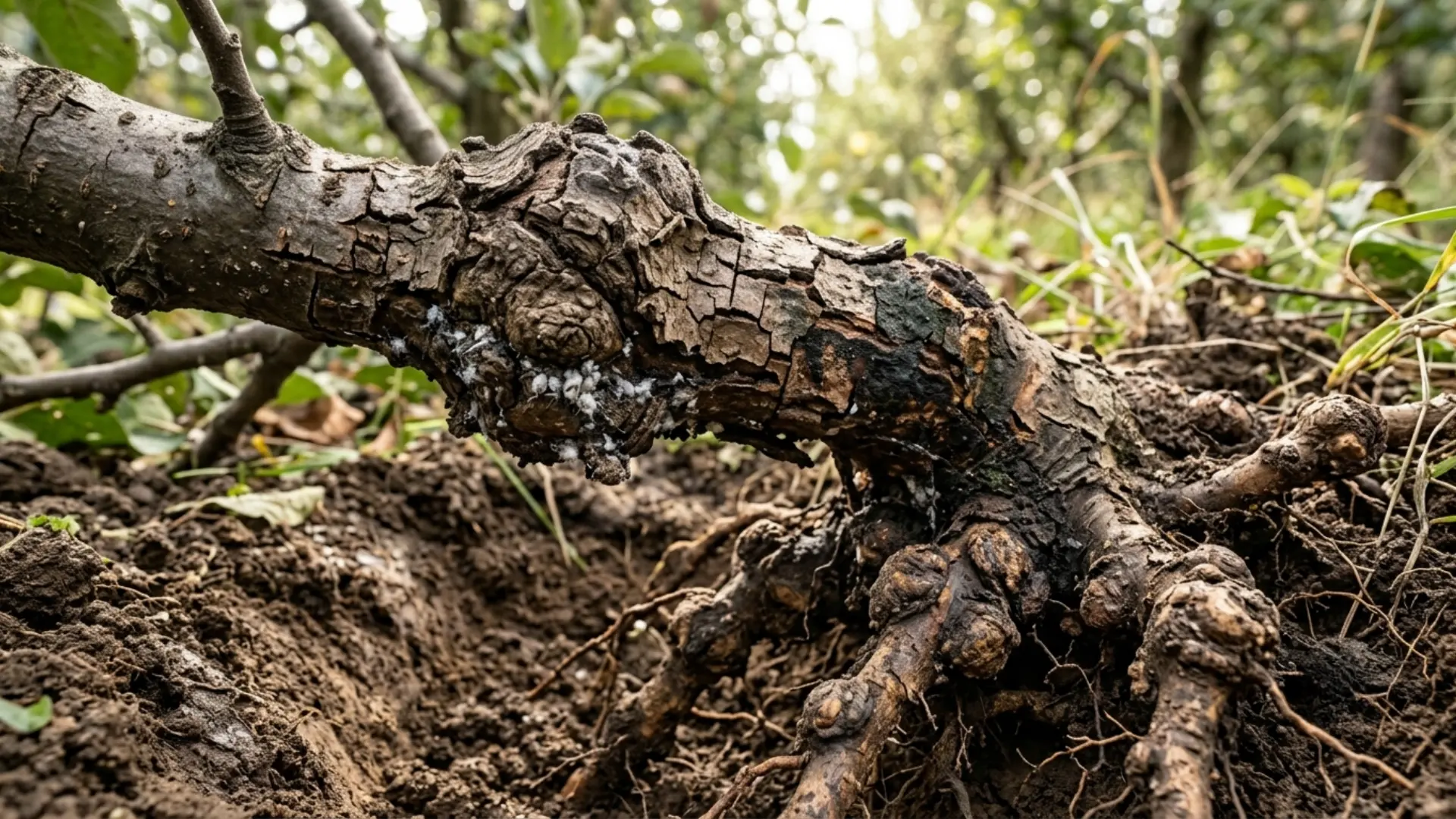 swollen bark and gall-like growths on a branch caused by woolly aphid feeding damage