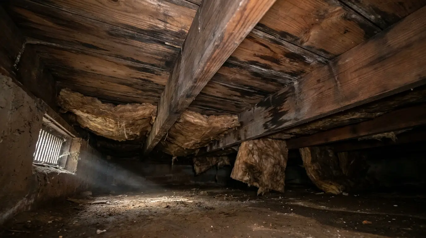 Wooden basement ceiling with exposed insulation and sunlight filtering through small window vent
