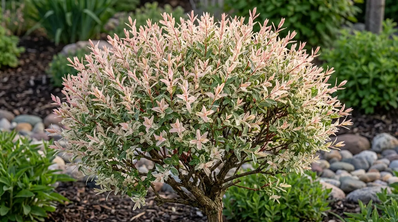 dappled flamingo willow shaped as a rounded shrub with pink cream and green variegated spring foliage