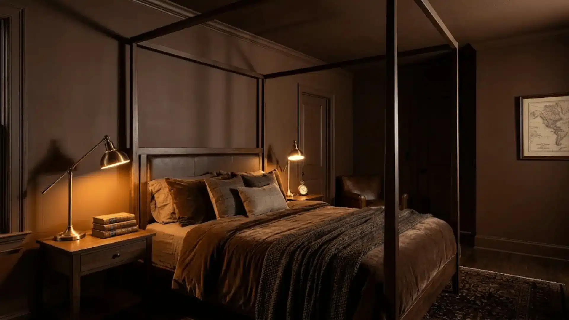 dark academia bedroom color drenched in deep chocolate brown with leather and brass
