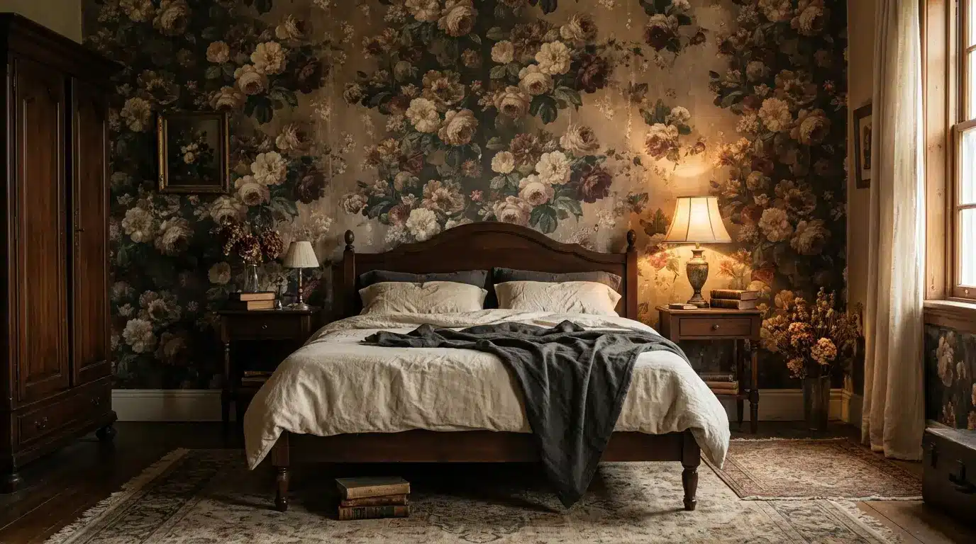 dark floral wallpaper behind a bed with plain bedding and warm vintage room lighting