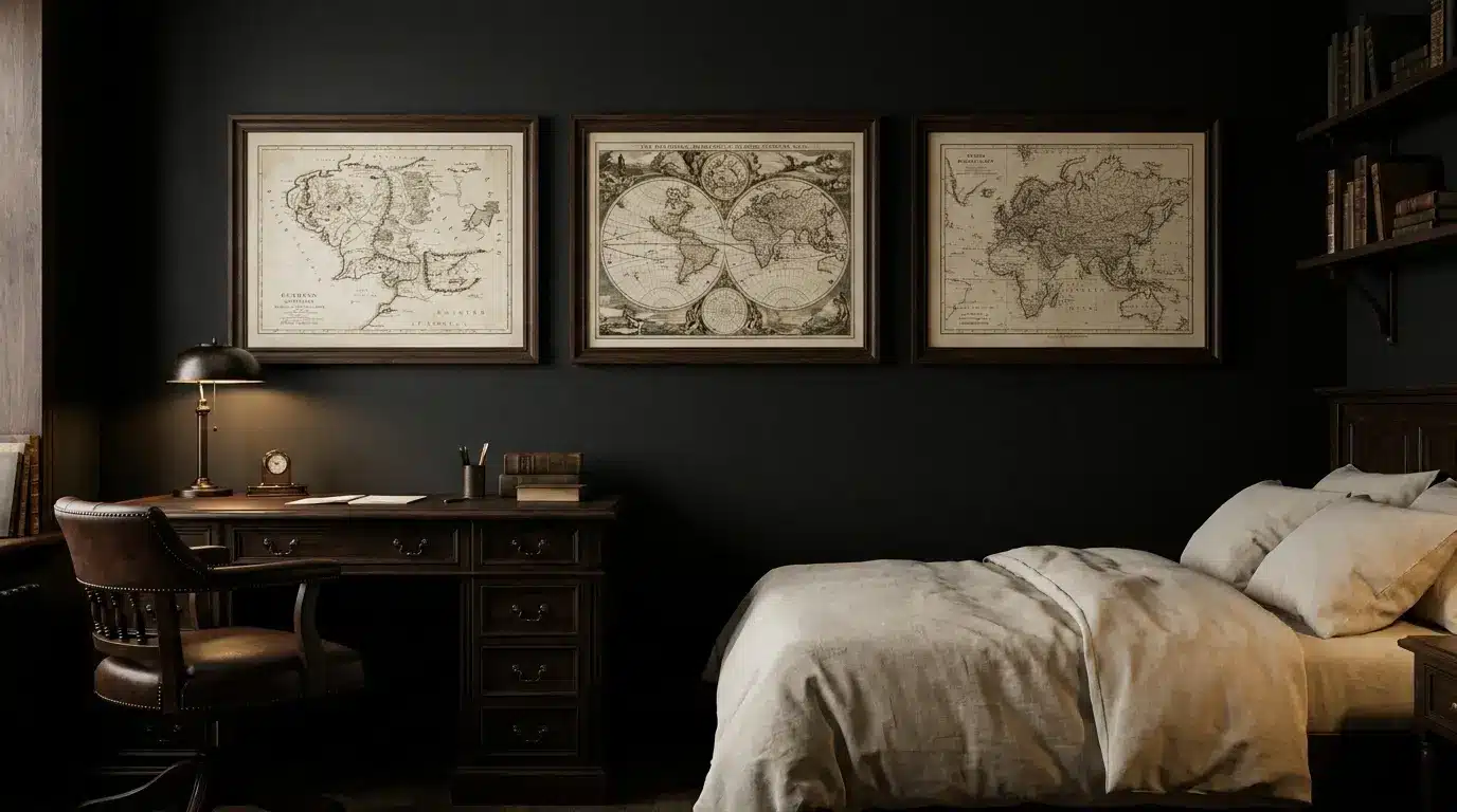 dark framed map wall above a bed with charcoal walls warm light and dark wood furniture