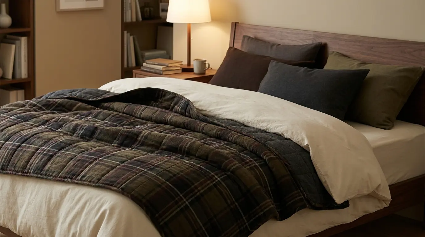 dark plaid quilt layered over plain bedding with cream sheets and warm wood tones