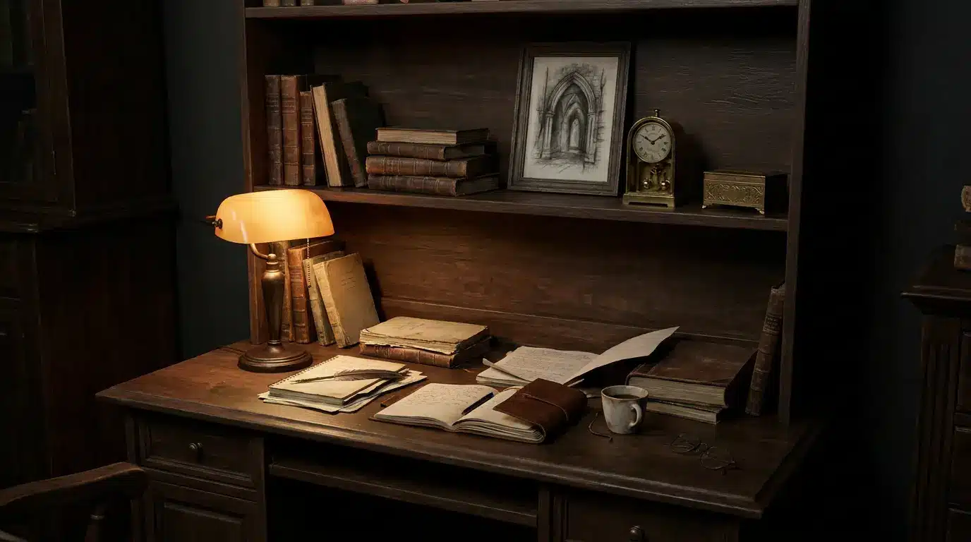 dark walnut desk shelf with books old clock brass box framed sketch and amber lamp glow