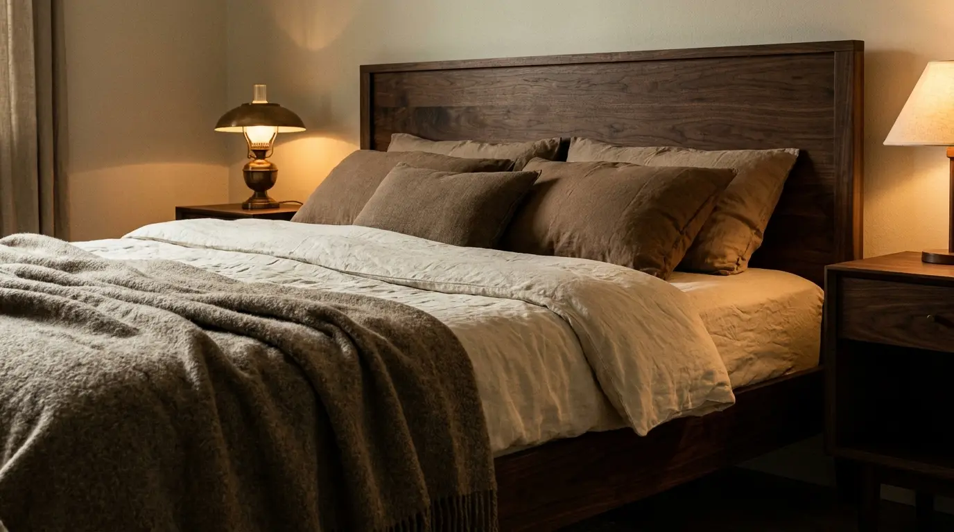 dark wood bed with cream bedding brown pillows and wool throw in a moody academia bedroom