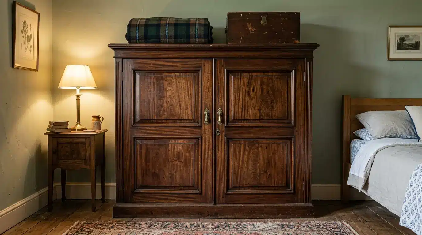 dark wood wardrobe with brass handles folded blanket old room character and warm lighting
