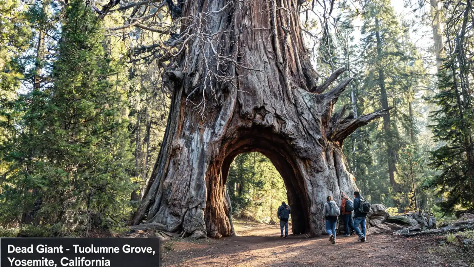 dead giant sequoia tunnel in tuolumne grove with visitors walking through its weathered trunk