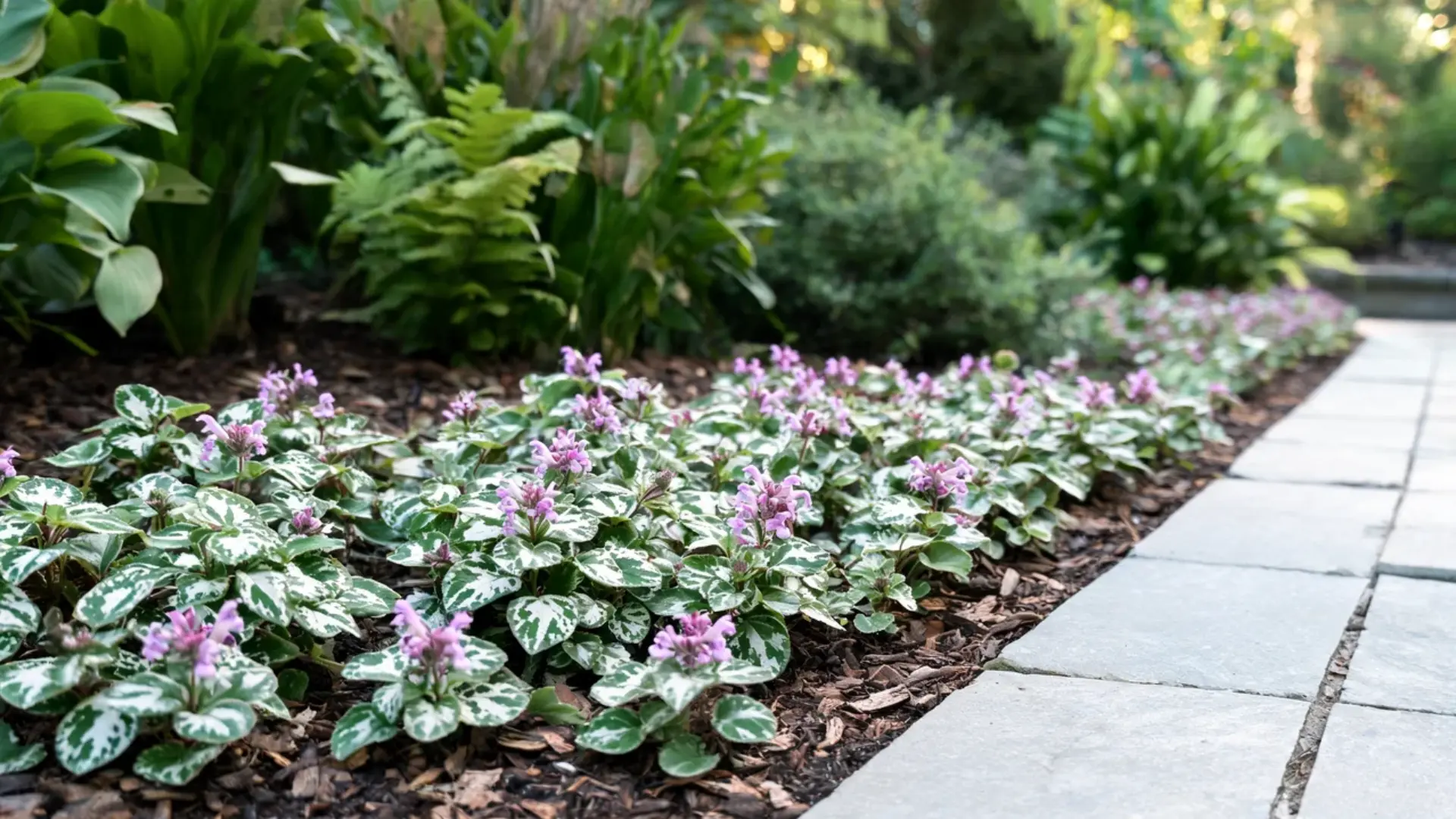 dead nettle ground cover with silvery variegated leaves and small pink purple flowers in shade