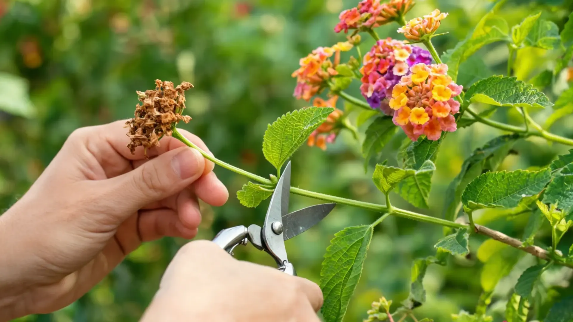 hand trimming a faded lantana flower cluster with pruning shears beside colorful healthy blooms