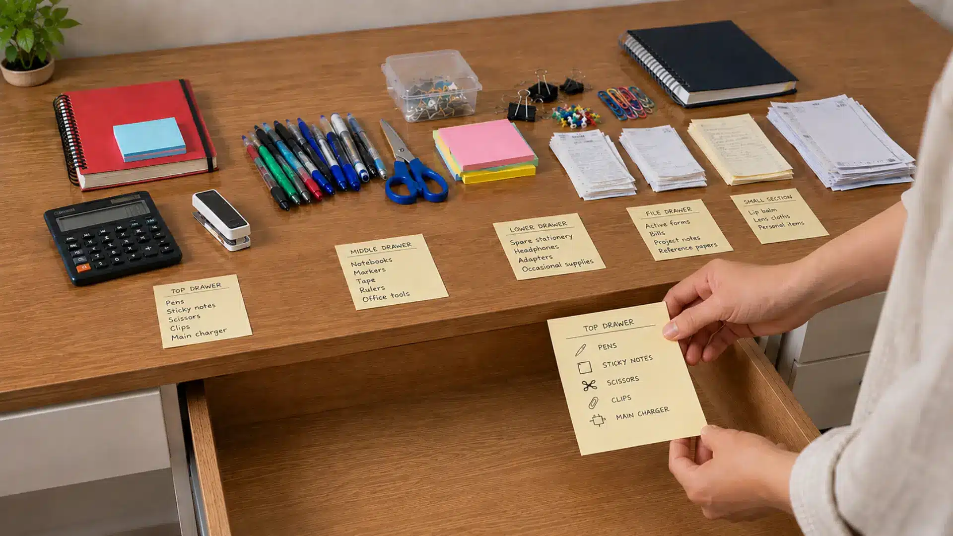 person planning separate drawer zones with empty trays while sorted supplies remain on the desk