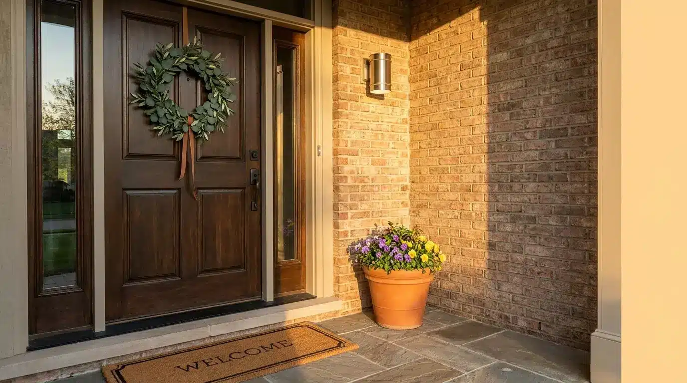 decorate the door with a greenery wreath flower planter brick wall and welcome mat