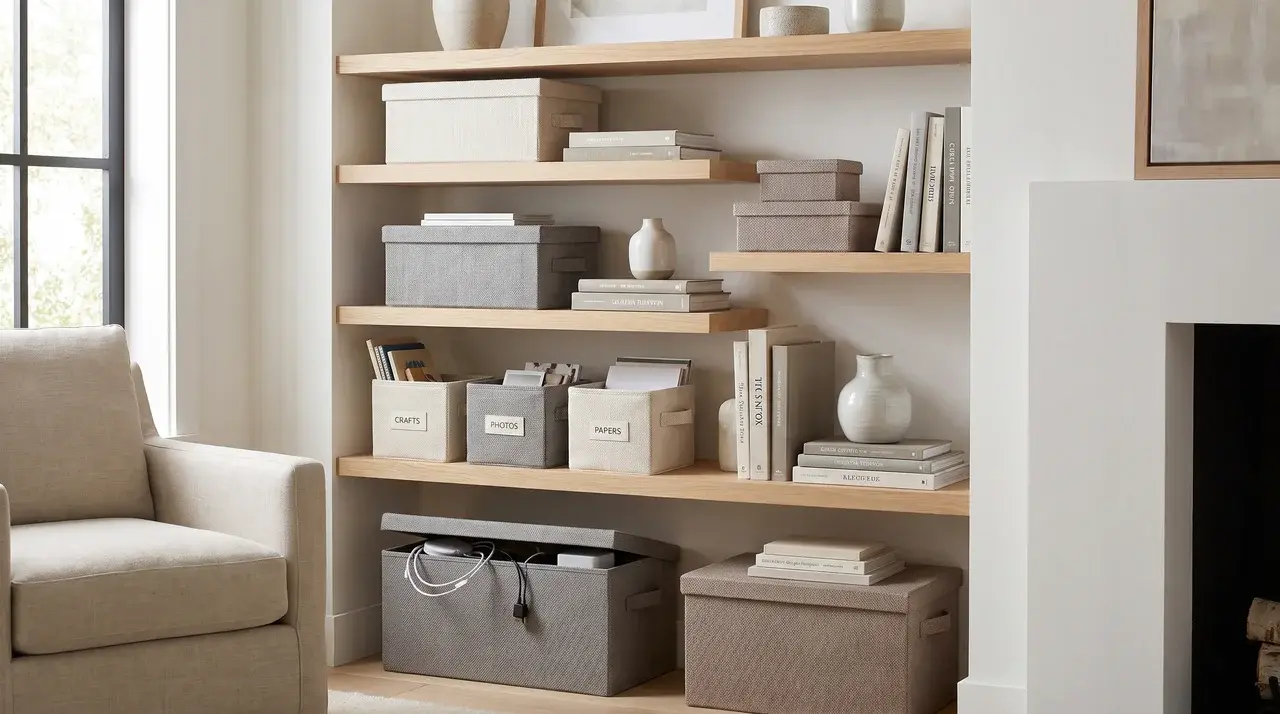 a stack of decorative storage boxes and woven bins arranged on open shelves in a living room